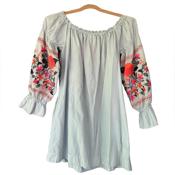 Free People Fleur Du Jour Blue Dress, Floral Embroidery Off Shoulder, Small. - Picture 6 of 9